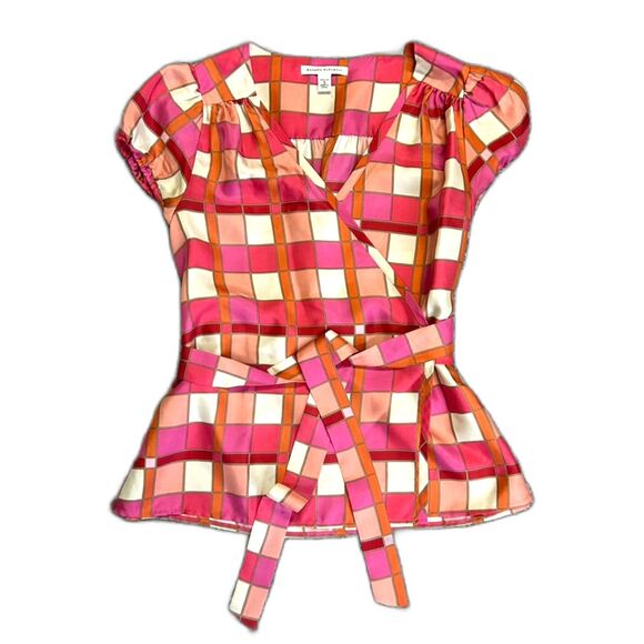 Banana Republic Pink Orange Ivory Check Print Silk SS Wrap Blouse Size S Petite - Picture 2 of 15